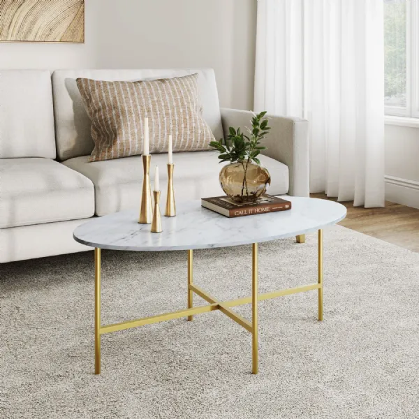 OVAL COFFEE GOLD BASE WHITE MARBLE