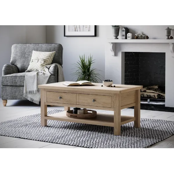 White Wash Oak 2 Drawer Coffee Table with Shelf
