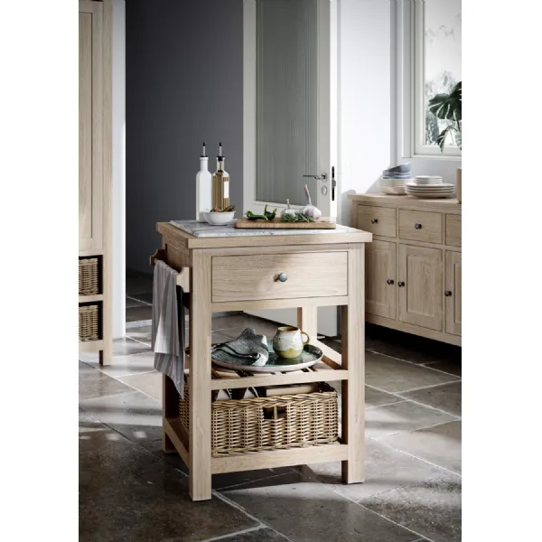 White Wash Oak 1 Drawer Small Kitchen Island with Basket