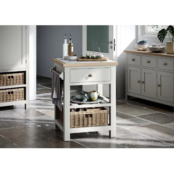 Light Grey Wood 1 Drawer Kitchen Island Oak Top and Basket