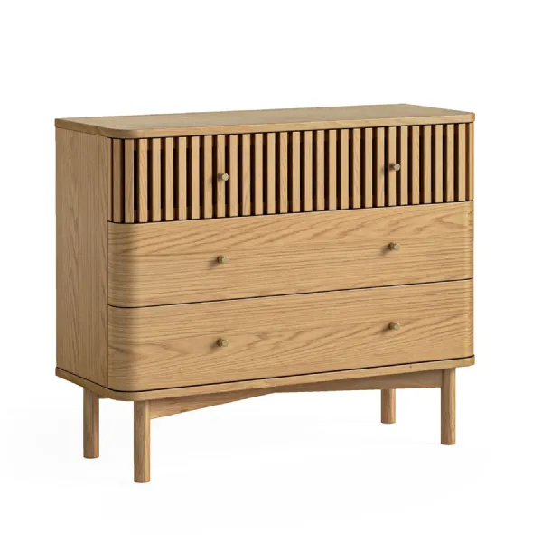 Natural Wood Large Chest of 3 Drawers Slatted Front