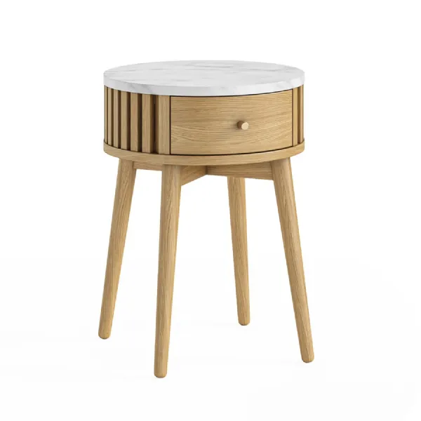 Oak 1 Drawer Round Slatted Side Table Marble Top