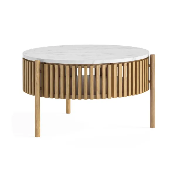 Oak Round Slatted Coffee Table Marble Top