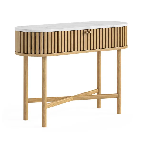 Oak 2 Door Slatted Oval Console Table Marble Top