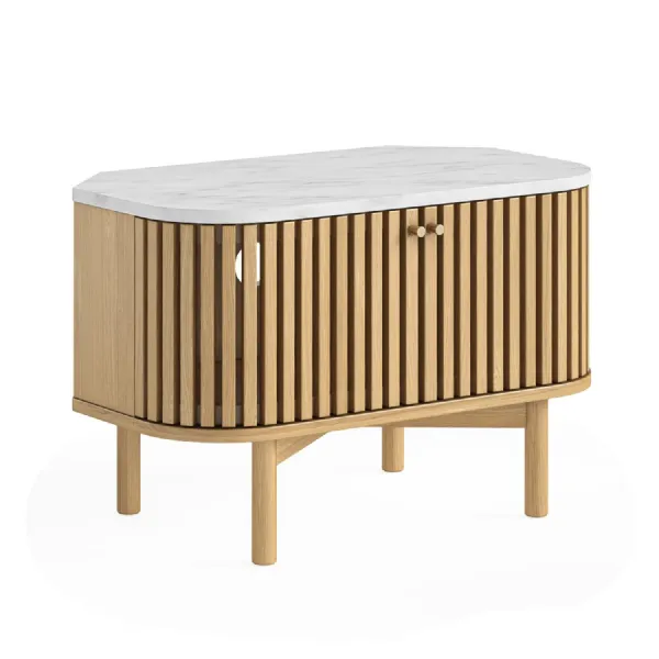 Oak 2 Door Slatted Small Corner TV Media Unit Marble Top