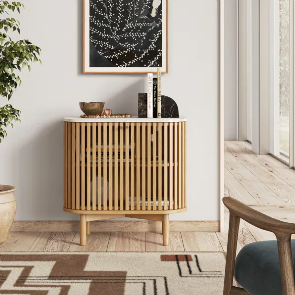 Oak 2 Door Slatted Design Small Cupboard Marble Top