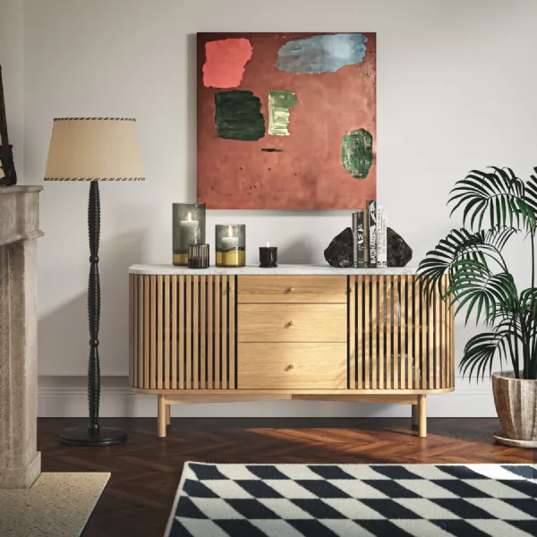 Oak 2 Door 3 Drawer Slatted Sideboard Marble Top