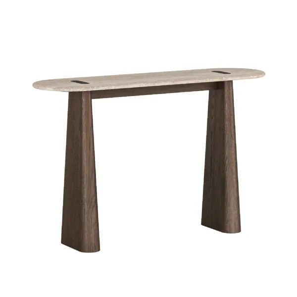 Dark Oak Oval Large Console Table Travertine Marble Top