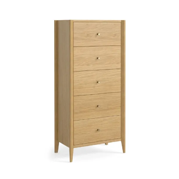 Light Oak Chest of 5 Drawers Tallboy Brass Knobs