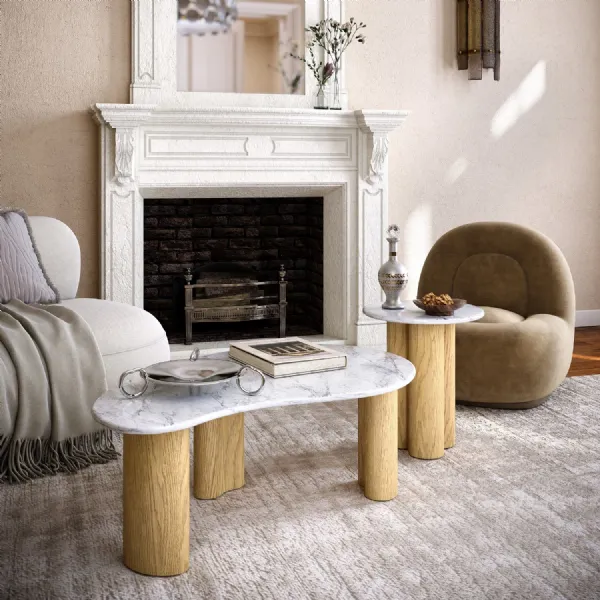 White Marble Teardrop Coffee Table Light Oak Base