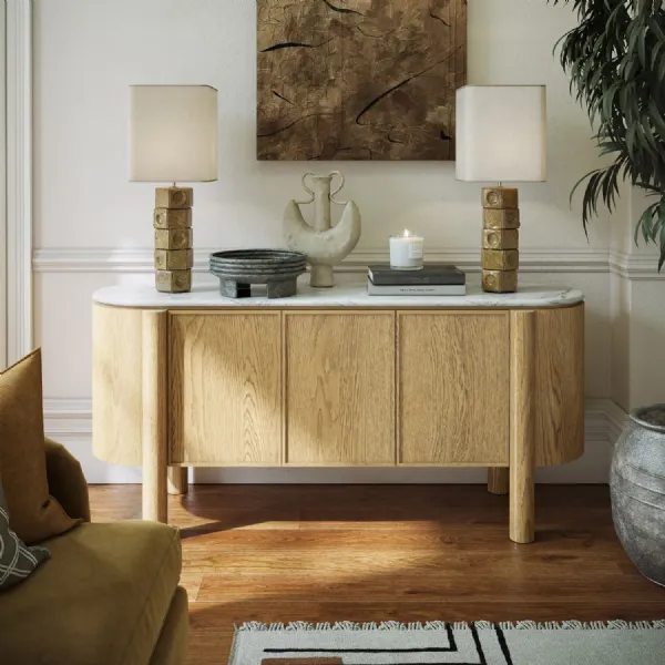 White Marble Top Light Oak 3 Door Large Sideboard