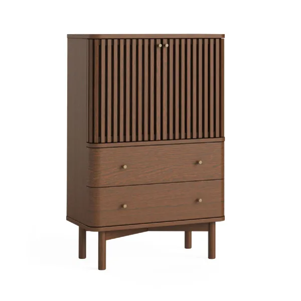 Dark Brown Wood 2 Door 2 Drawer Tall Slatted Shoe Cabinet