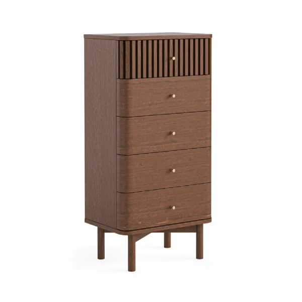 Dark Brown Wood Slatted Chest of 5 Drawers Tallboy