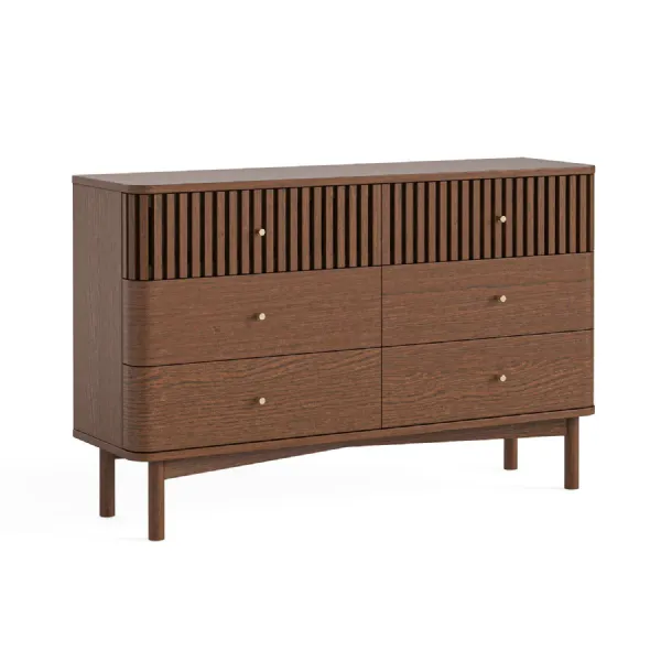 Brown Wood Large Slatted Chest of 6 Drawers