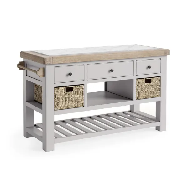 Grey Wood 3 Drawer Kitchen Island with Oak Top and 2 Baskets