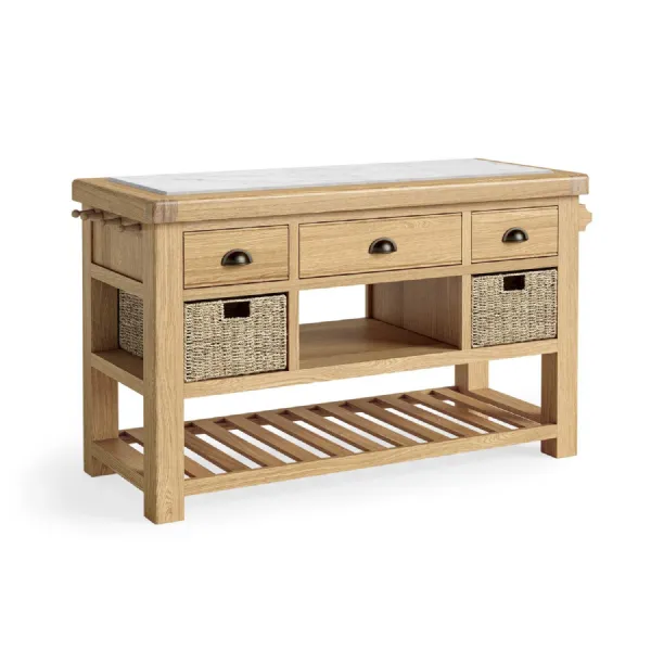 Natural Oak 3 Drawer Large Kitchen Island with 2 Baskets
