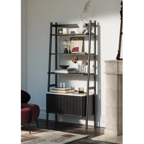 Black Wood 2 Door Slatted Open Bookcase Cabinet Marble Top