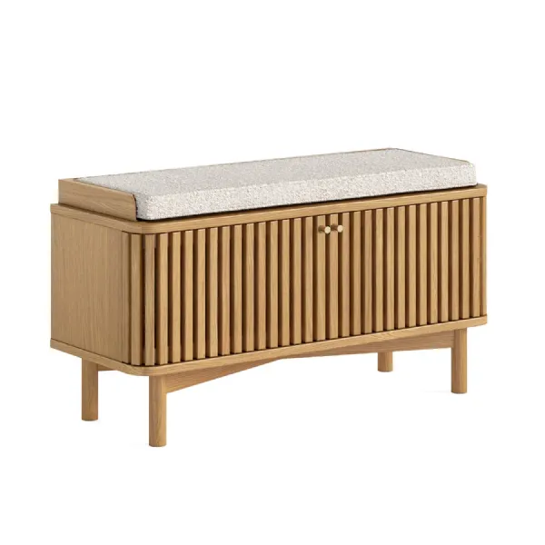 Natural Wood 2 Door Slatted Front Hallway Bench Cushion Seat