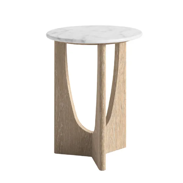 Light Oak Round Top Side Table Travertine Marble Top