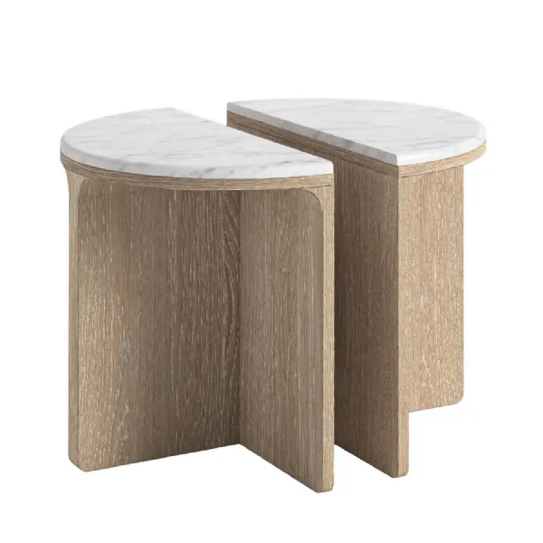White Wash Wood Half Moon Nest of 2 Tables Travertine Tops
