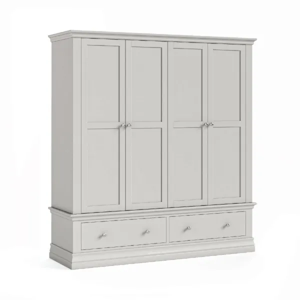 Light Grey Painted Wood 4 Door 3 Drawer Extra Large Wardrobe