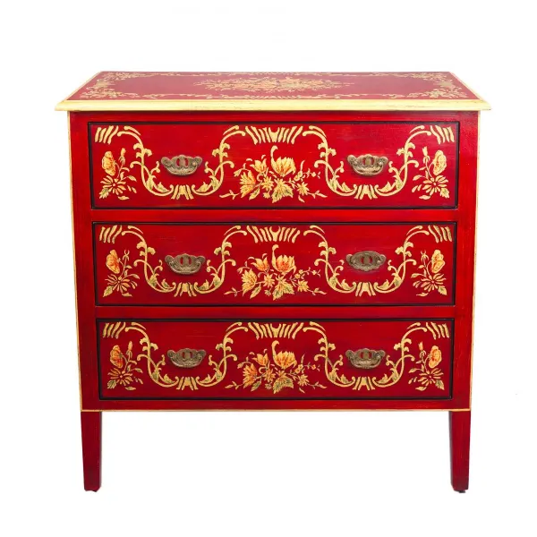 Red Floral Design 3 Drawer Chest Hand Painted Folk Art Style