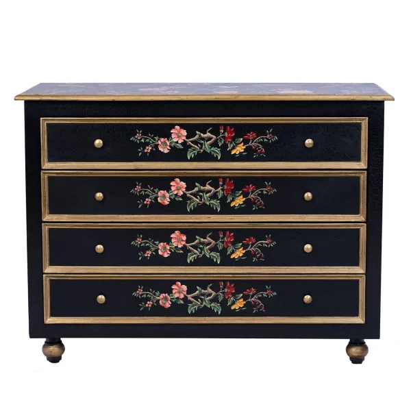Black Lyre Bird Design 4 Drawer Chest