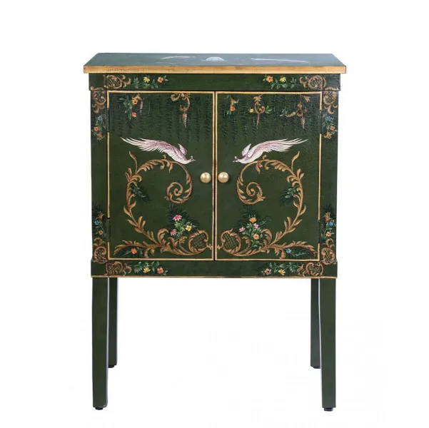 Hand Painted Green 2 Door Cabinet with Fountain and Crane Design