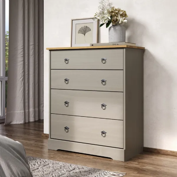 Grey Washed Pine Chest of 4 Drawers Oak Top