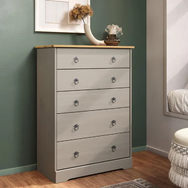 Grey Wood Wide Chest of 5 Drawers Oak Top