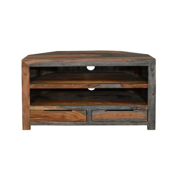 Modern Two Tone Solid Sheesham Wood Corner TV Unit