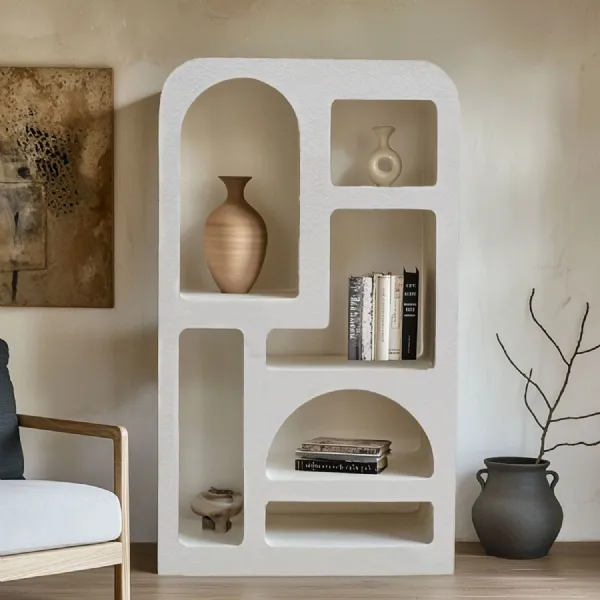 White Wooden Geometric Shaped Tall Open Bookcase