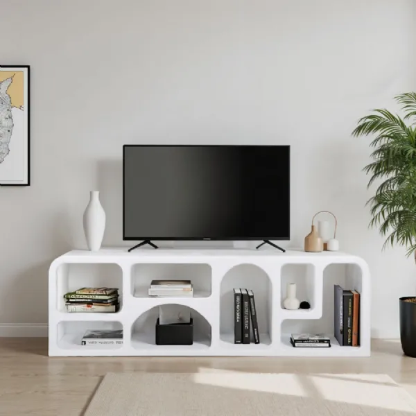 White Wood Geometric Shaped Wide TV Cabinet