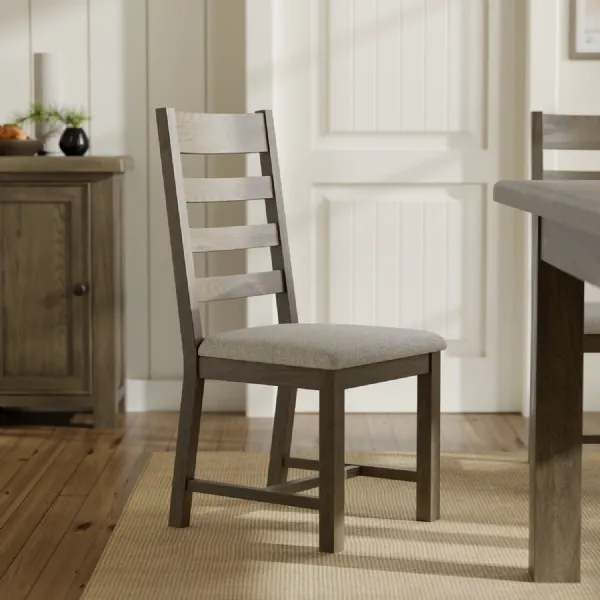 Traditional Solid Oak Ladderback Dining Chair with Grey Fabric Seat