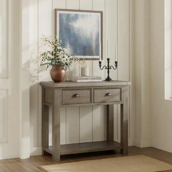 Modern Natural Solid Oak 2 Drawer Console Table with Lower Shelf