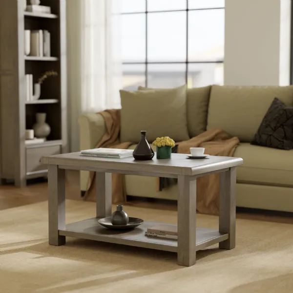 Modern Style Solid Oak Rectangular Coffee Table with Lower Shelf