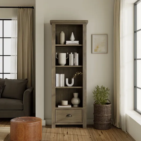 Classic Natural Solid Oak Large Open Bookcase with Drawer