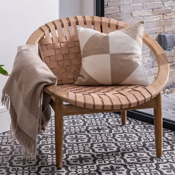 Natural Leather and Teak Round Moon Lounge Chair with Woven Seat