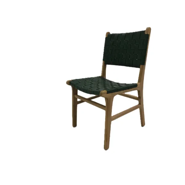 Traditional Dark Green Leather and Natural Teak Woven Dining Chair