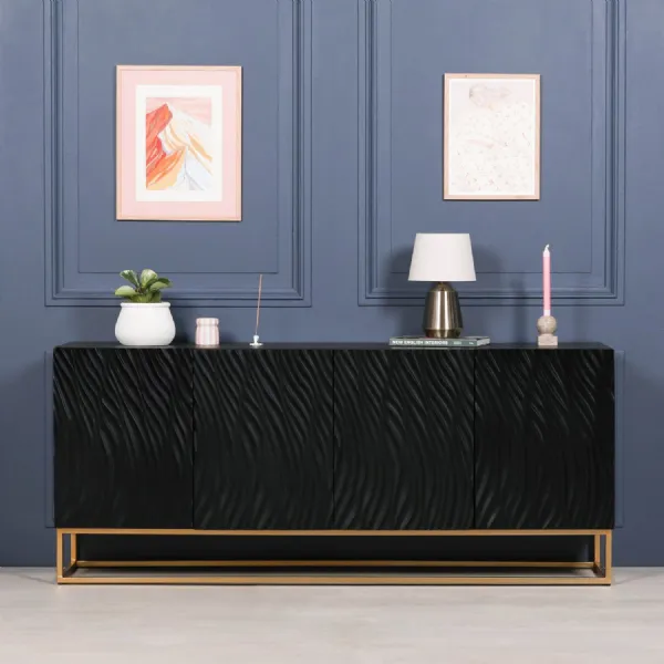 Black Mango Wood Large Sideboard with 4 Doors Ripple Design
