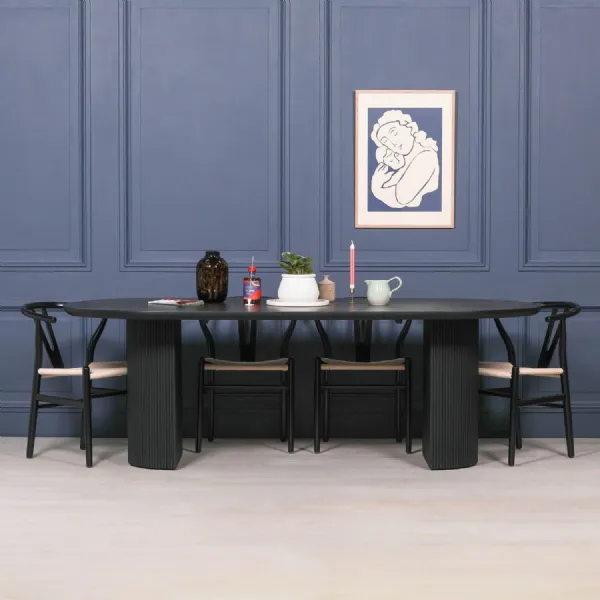 Black Painted Acacia Fluted Oval Dining Table