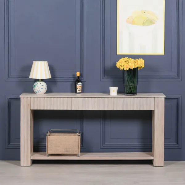 Large Rustic Acacia 3 Drawer Fluted Console Hall Table