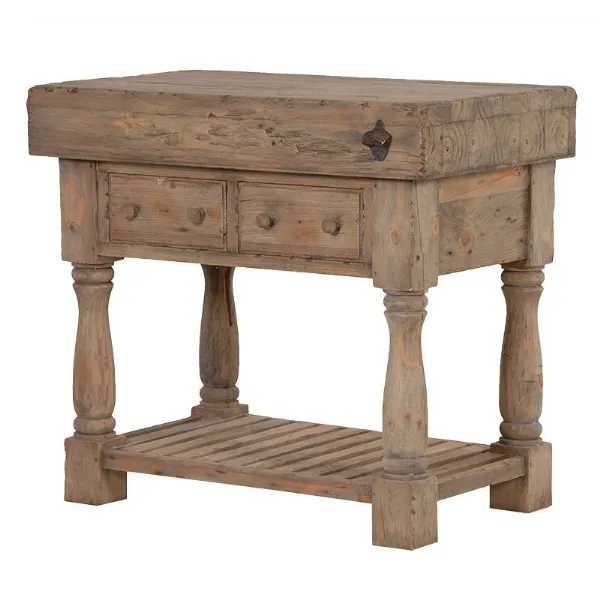 Rustic Reclaimed Solid Pine Butchers Block Kitchen Island With Drawers Lower Shelf