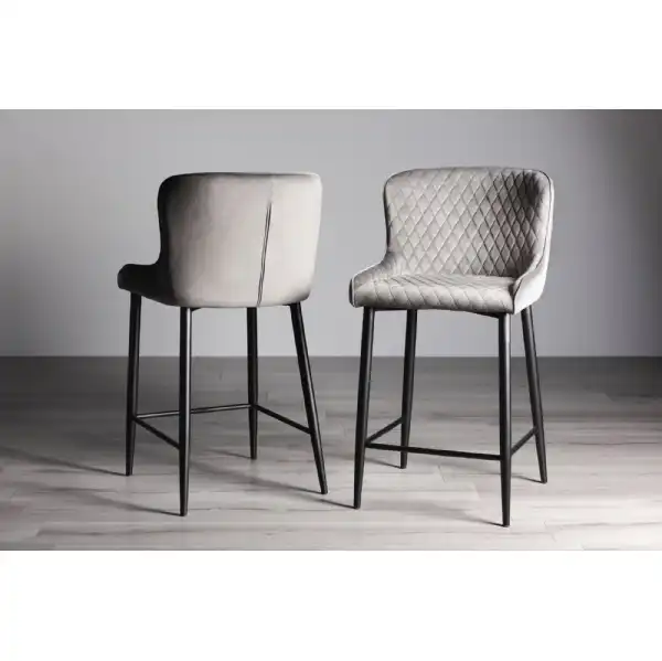 Grey Velvet Fabric Bar Stool Diamond Stitched Black Legs
