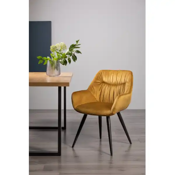 Yellow Velvet Fabric Dining Arm Chair Pleated Back Pattern