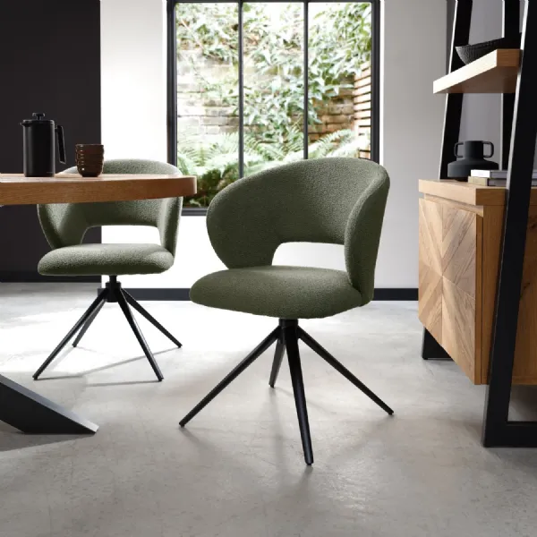 Green Boucle Fabric Curve Back Swivel Dining Chair Black Leg
