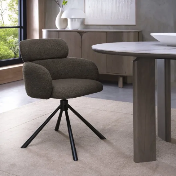 Brown Boucle Fabric Swivel Dining Chair with Black Legs