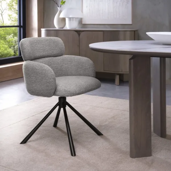 Grey Boucle Fabric Swivel Dining Chair Black Legs