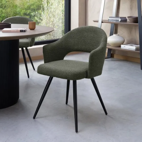 Green Boucle Fabric Open Back Dining Chair with Black Legs