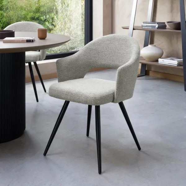 Grey Boucle Fabric Open Back Dining Chair with Black Legs